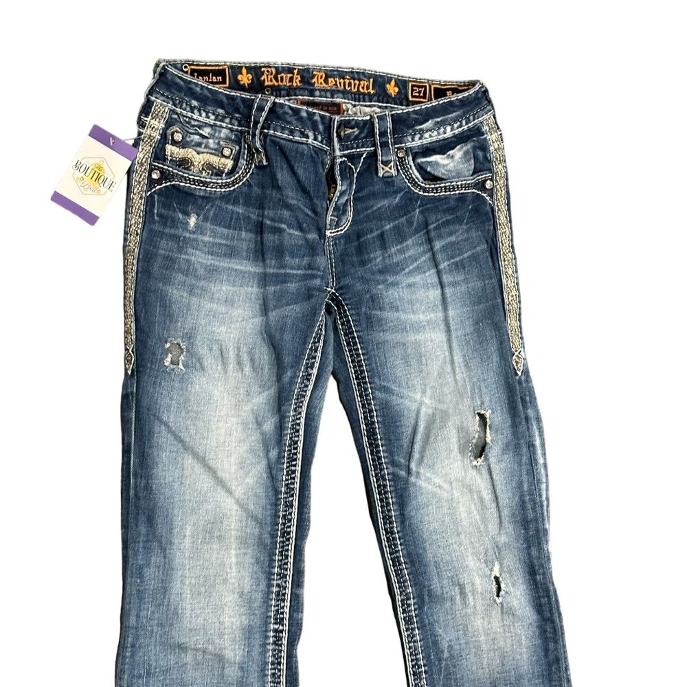 Rock Revival Lanlan Bootcut 27 Jeans Swarovski Leather Insert Faux Flap Pocket - Picture 7 of 16